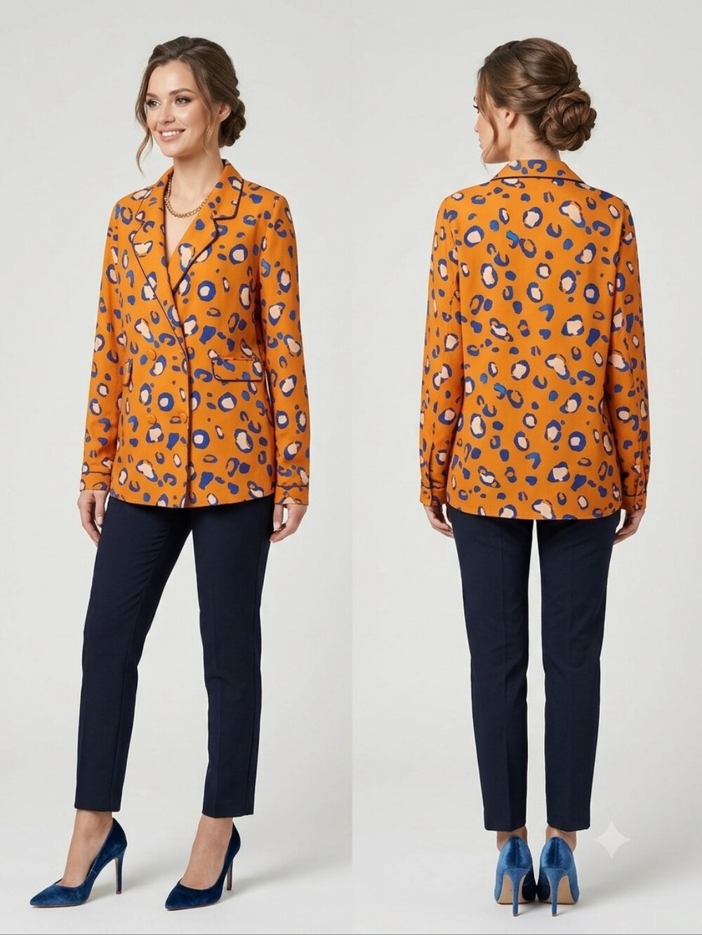 3.1 Phillip Lim Orange and Blue Printed Double Brested Top